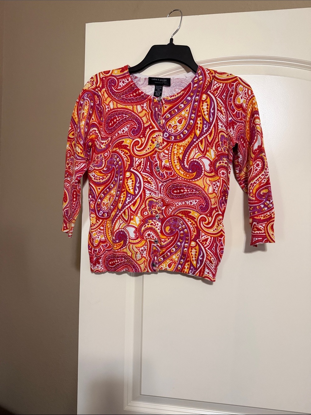 Talbots Red Orange Paisley Knit Cardigan
